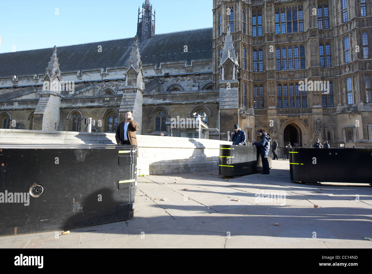 security barriers in place at the public entrance to the palace of westminster houses of parliament buildings London England UK Stock Photo