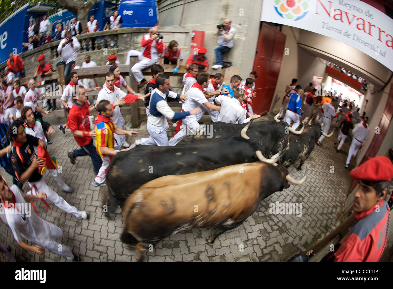 Crowds running with bulls during the annual festival of San Fermin (aka
