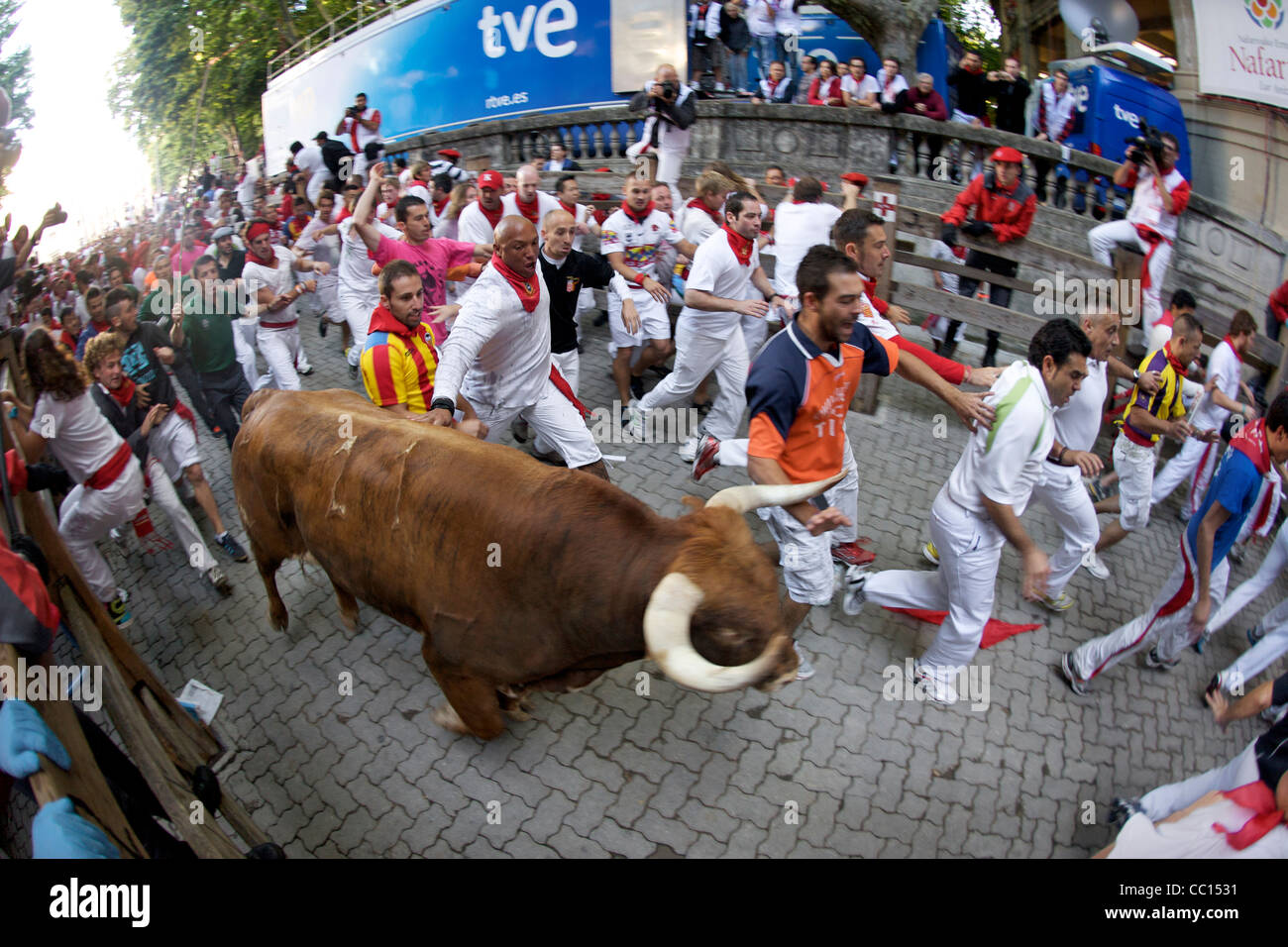 Crowds running with bulls during the annual festival of San Fermin (aka
