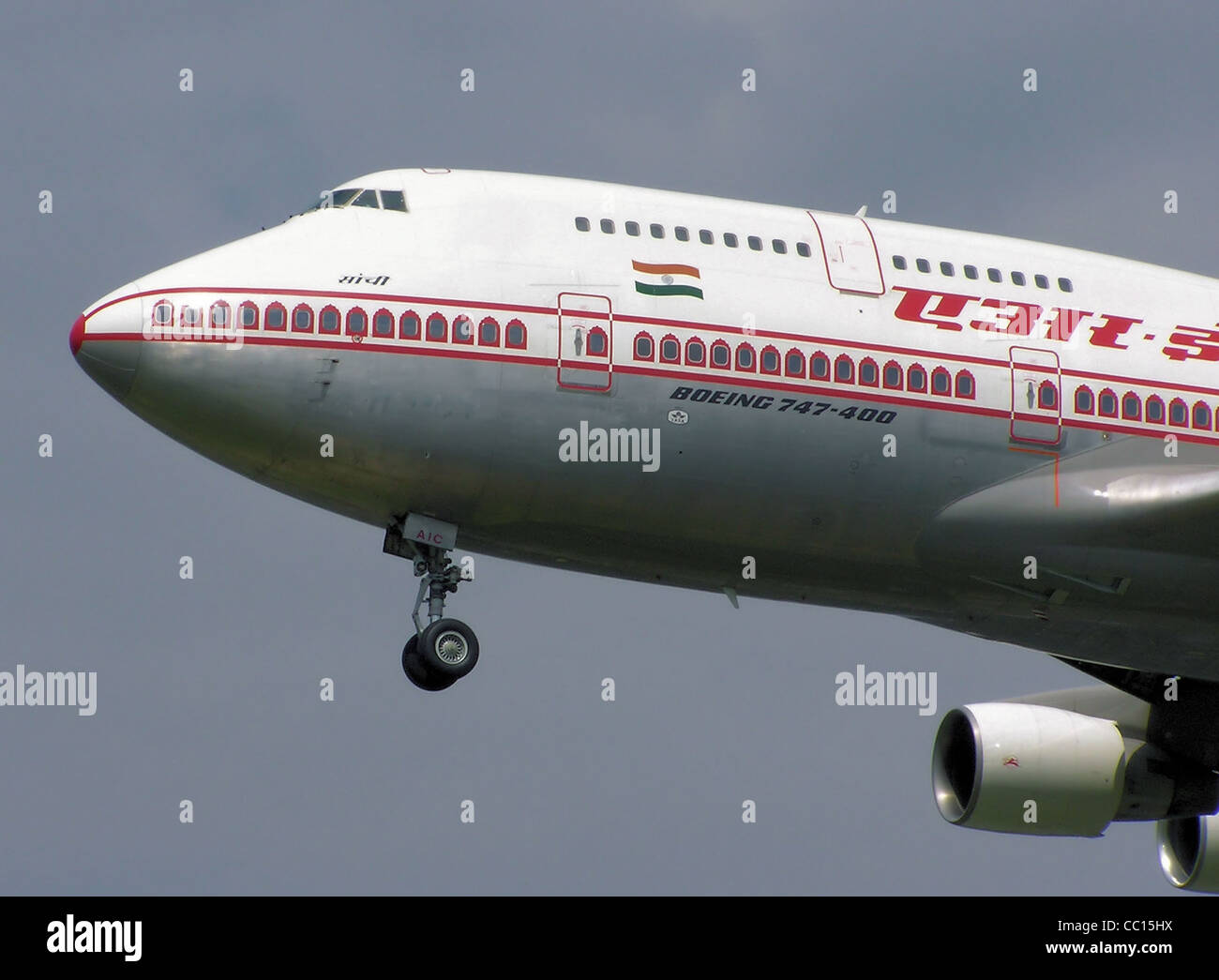 Close-up on the nose of an Air India Boeing 747-400 (VT-AIC) landing at London Heathrow Airport, England. Stock Photo
