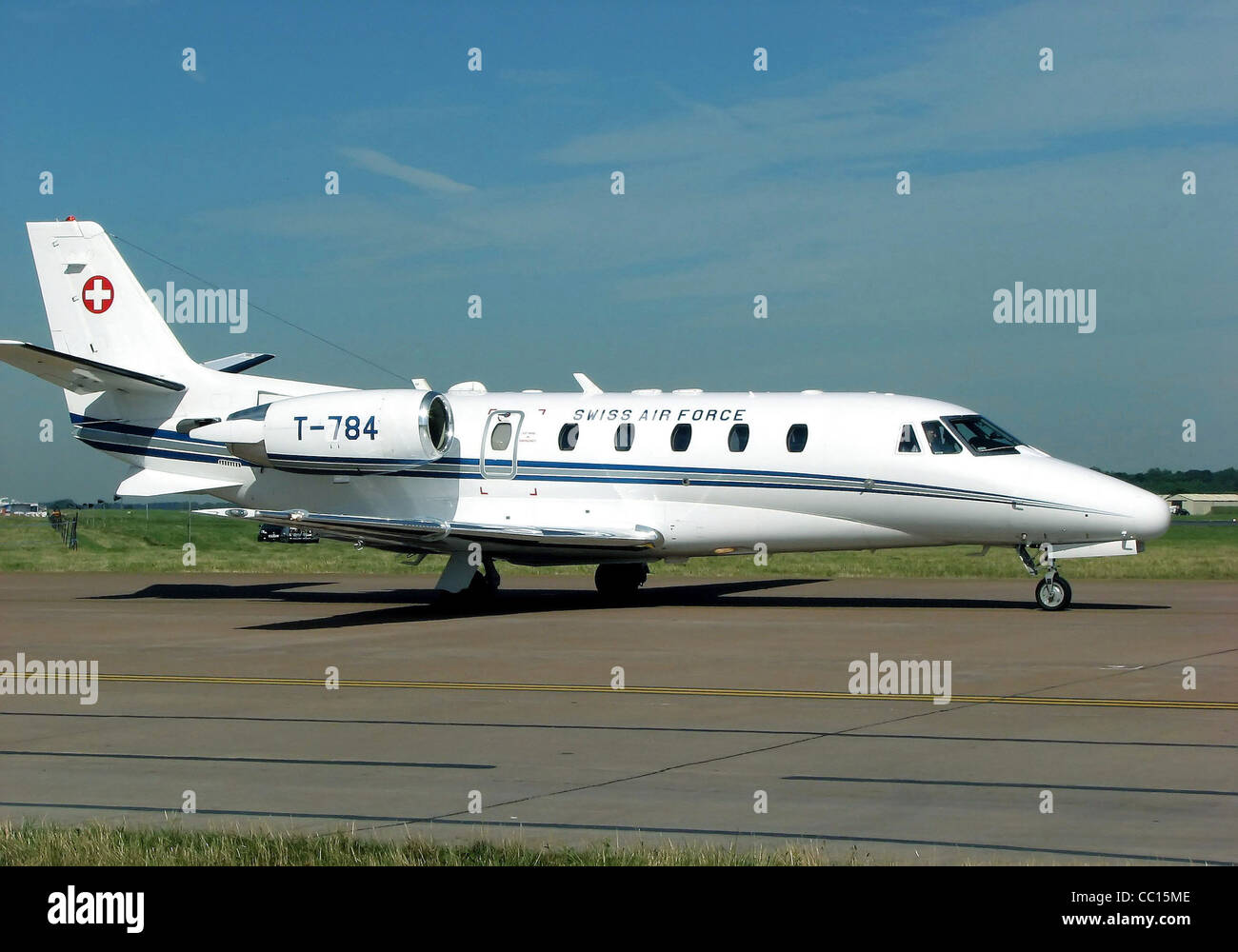 Cessna 560XL Citation Excel of the Swiss Air Force (identifier T-784), taxiing at the Royal International Air Tattoo, RAF Fairfo Stock Photo