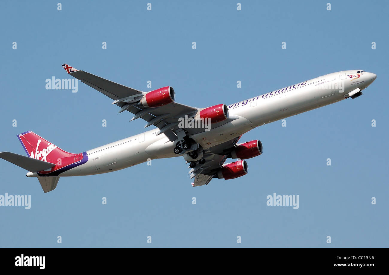 Virgin Atlantic Airways Airbus A340-600 (G-VYOU) taking off from London Heathrow Airport. Stock Photo