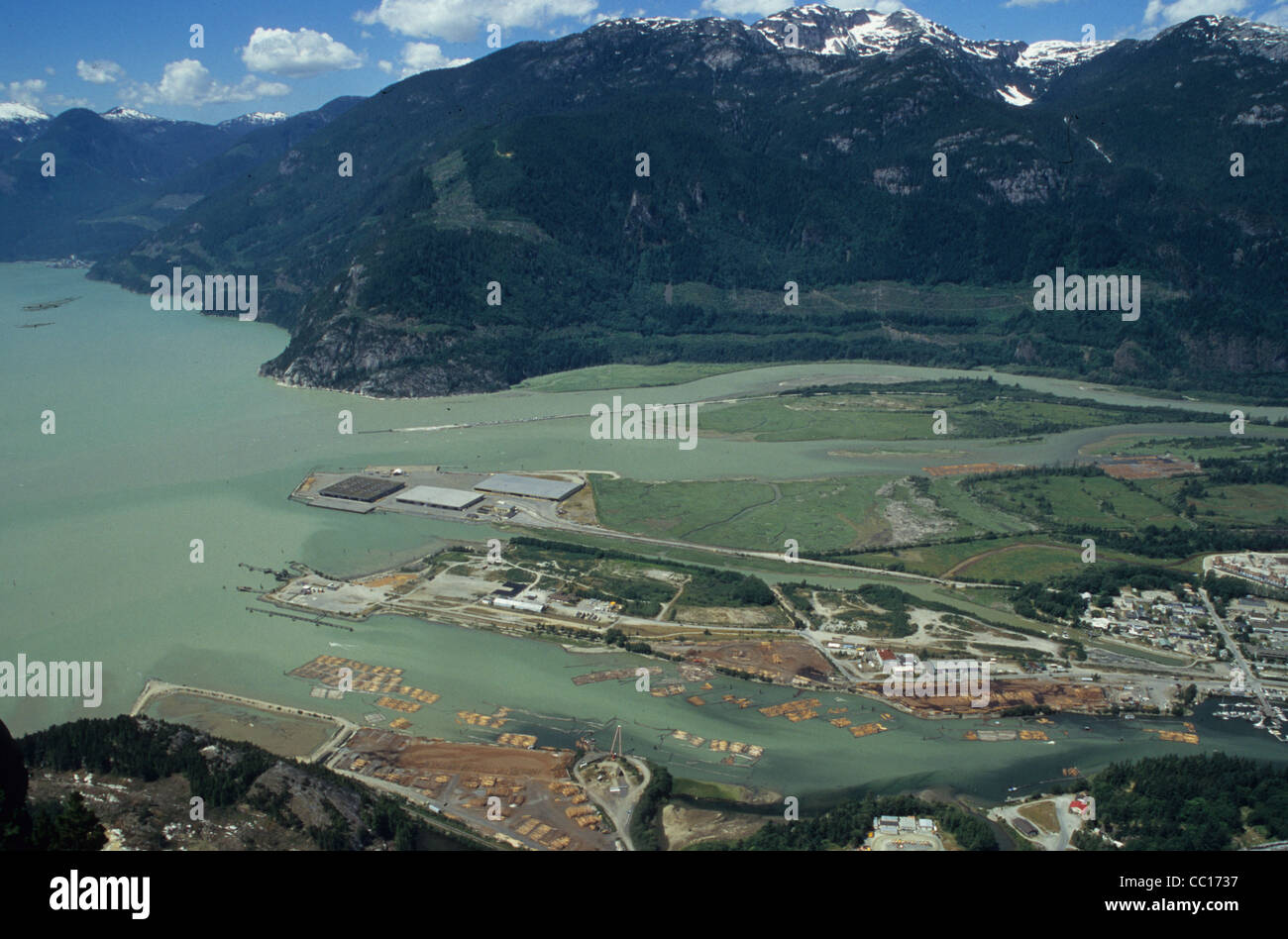 View over the town of Squamish and Howe Sound from Peak 2 of the Chief Stock Photo