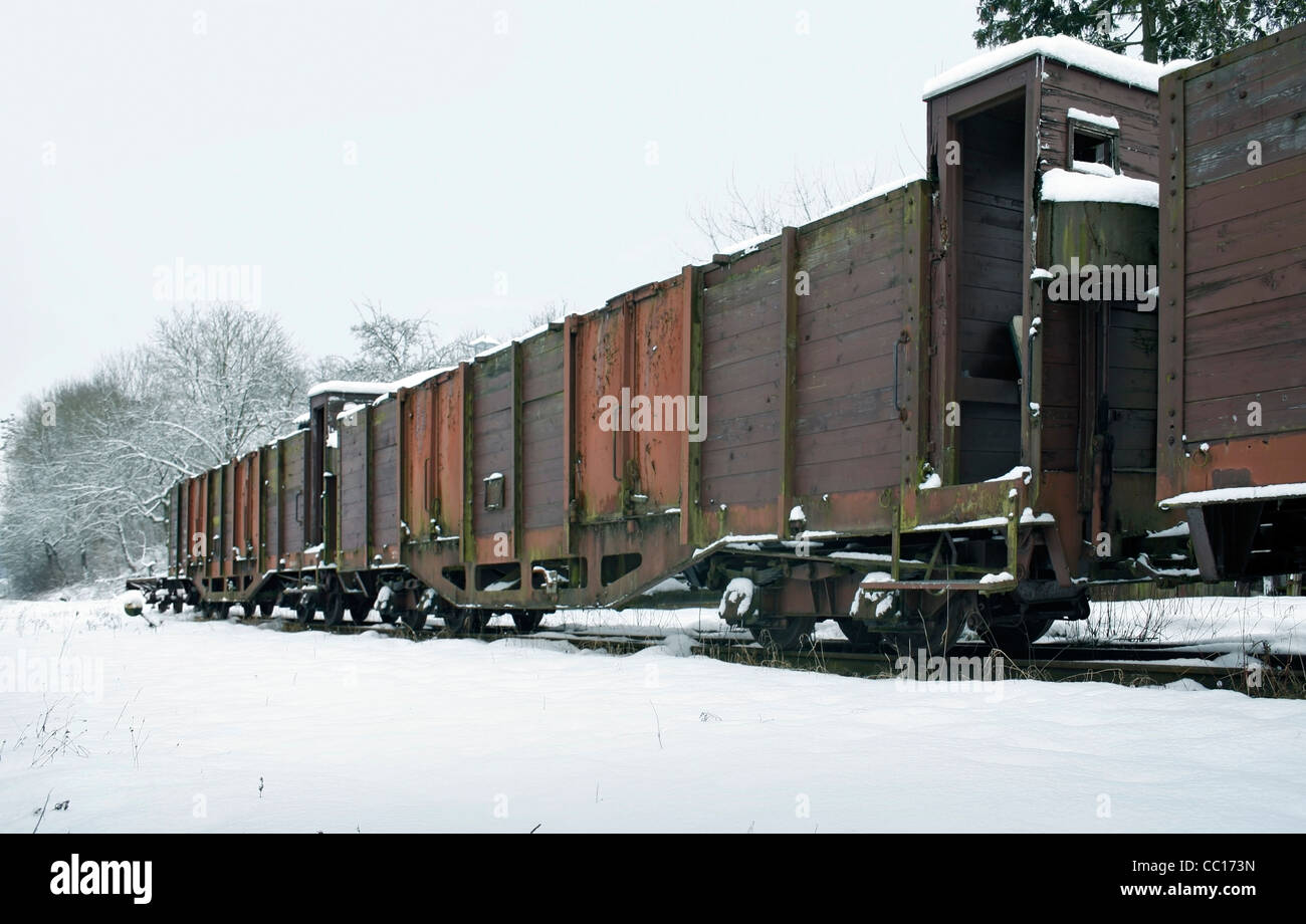 outdoor shot of old railway cars in Southern Germany at winter time Stock Photo