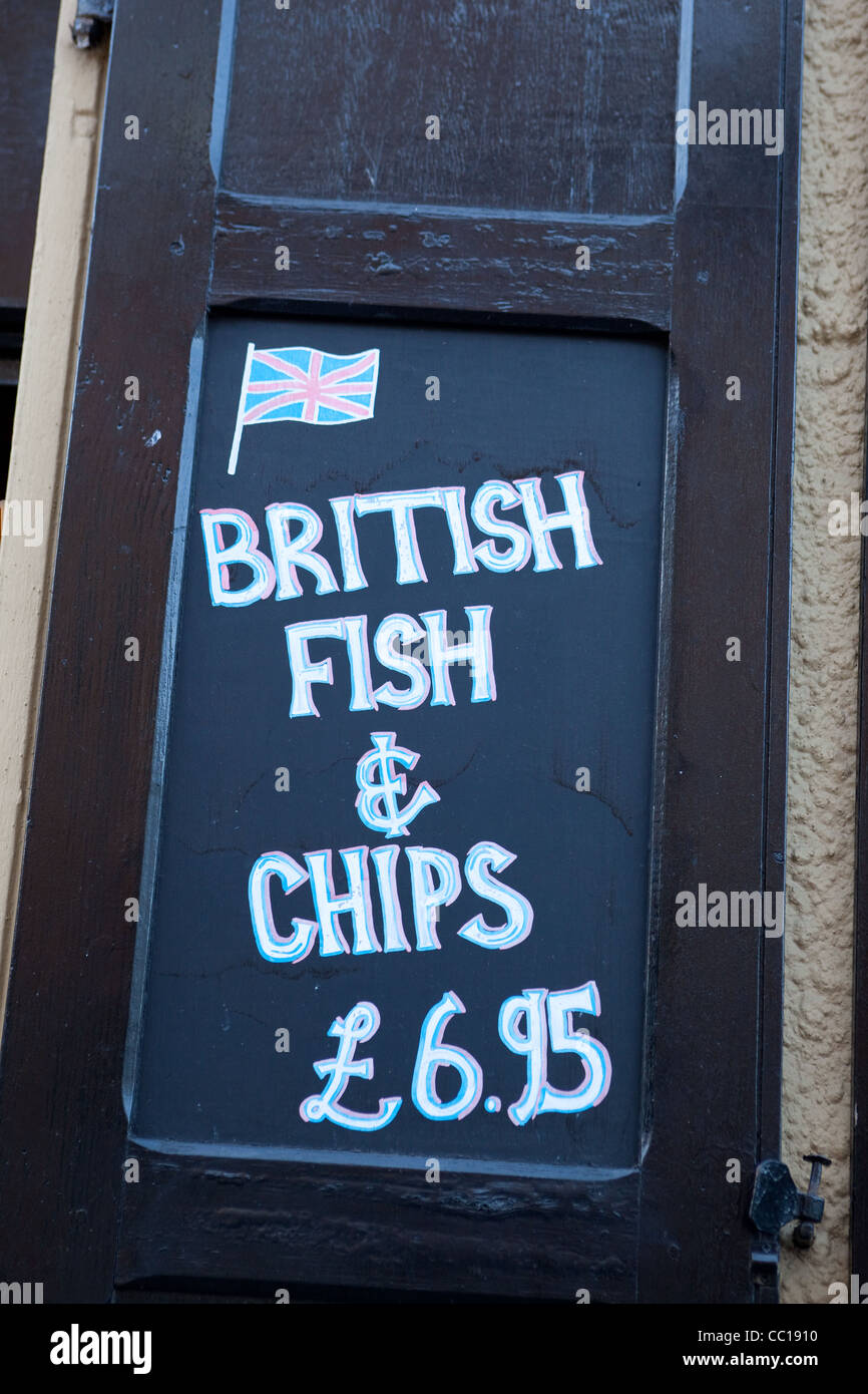 Restaurant display for "British Fish and chips" Gibraltar. traditional fish and chip shop Stock