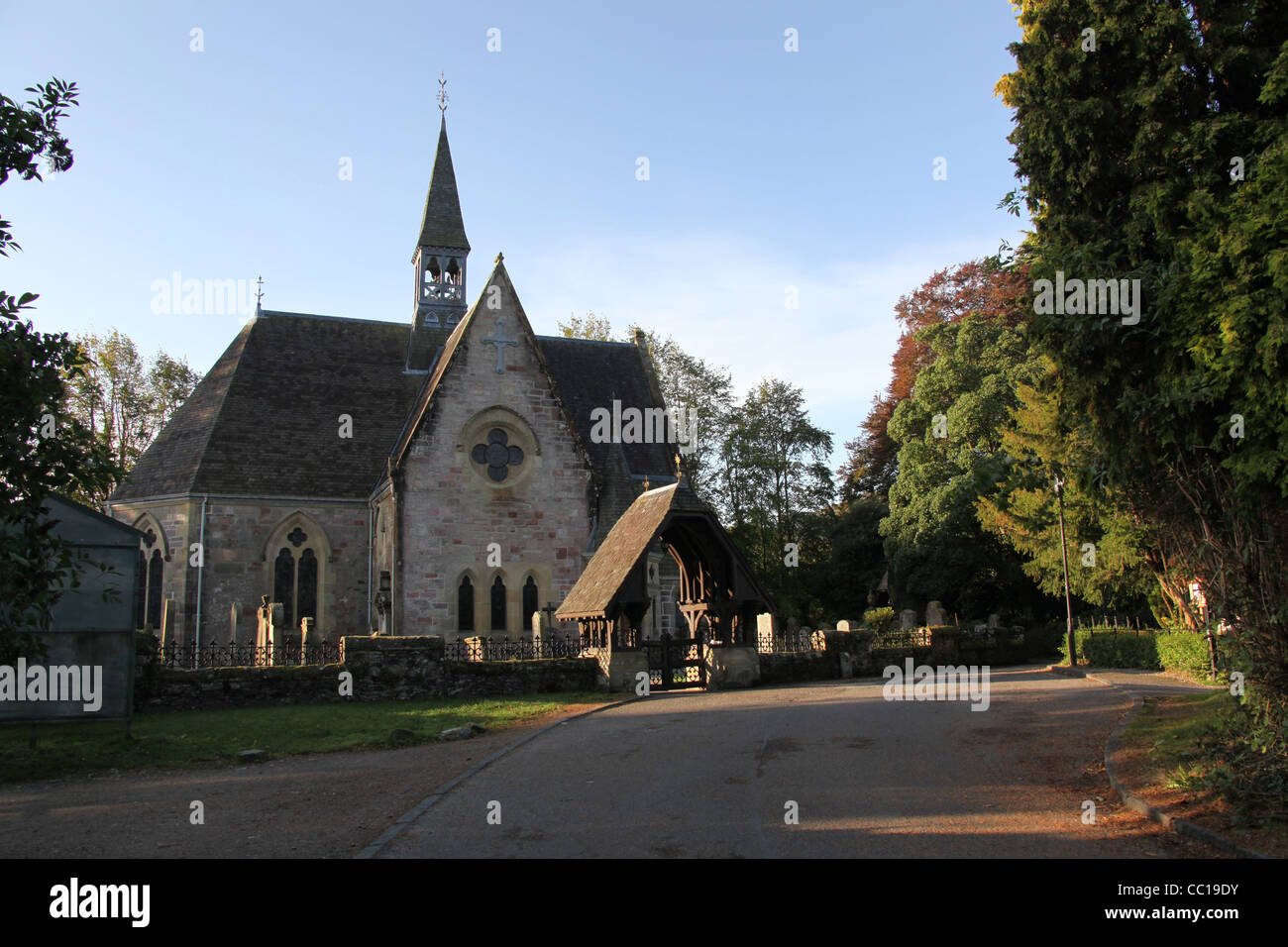 Village of Luss, Scotland. Picturesque view of the Church of Scotland, Luss Parish Church. Stock Photo