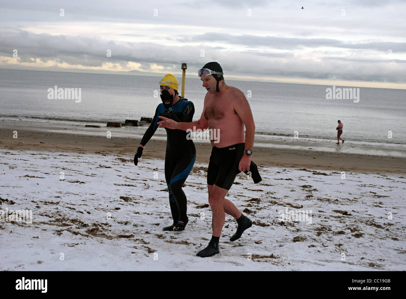 winter swimmers portobello beach edinburgh Stock Photo