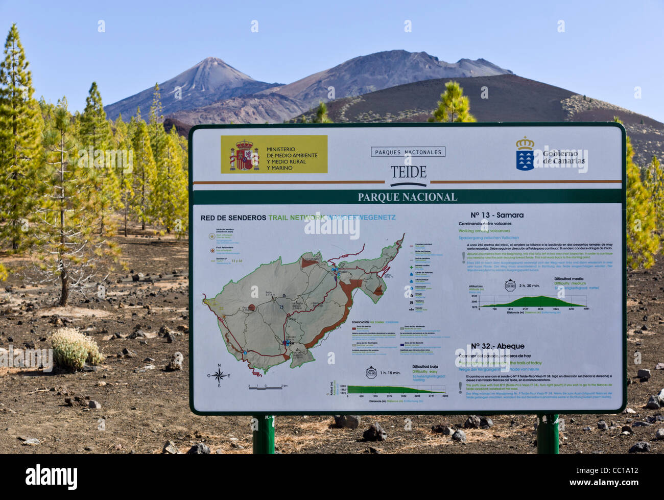 The Samara volcano footpaths, approach to Mount Teide, Tenerife. Information and map board. Stock Photo