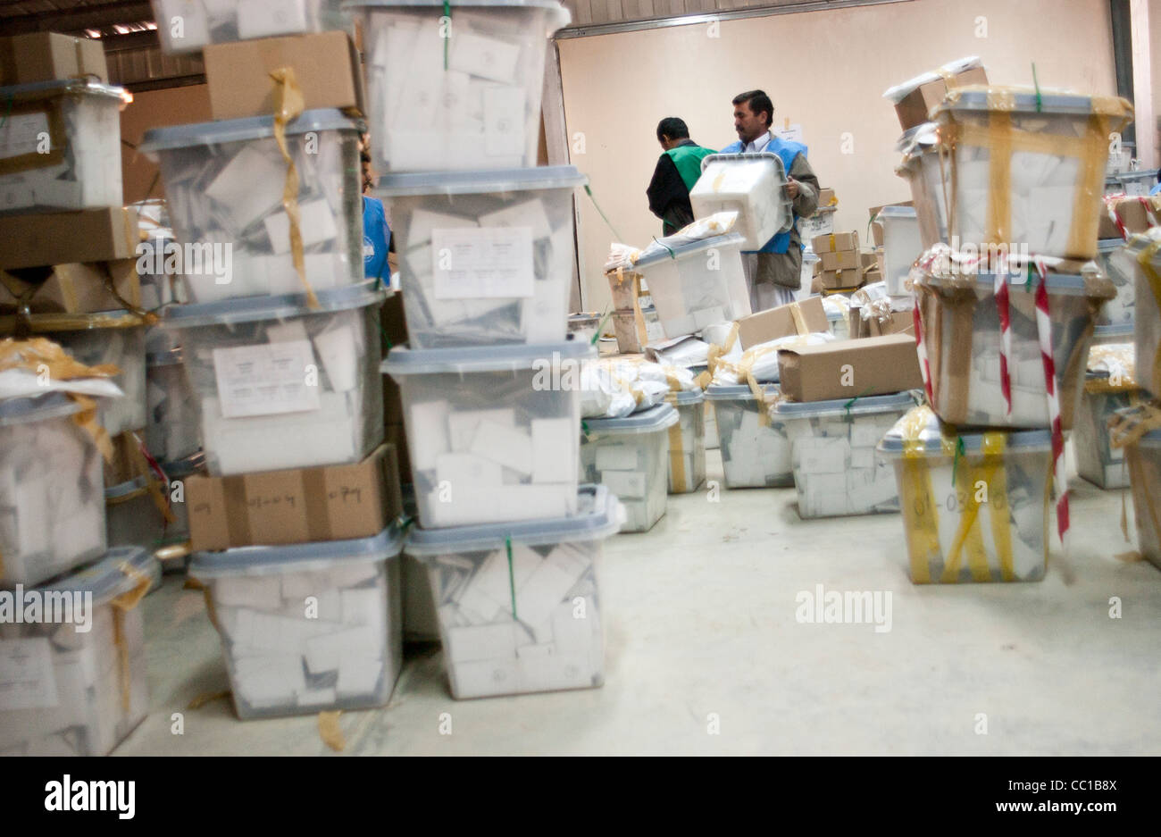 United Nations workers sort election ballots at a warehouse in Kabul, Afghanistan Stock Photo