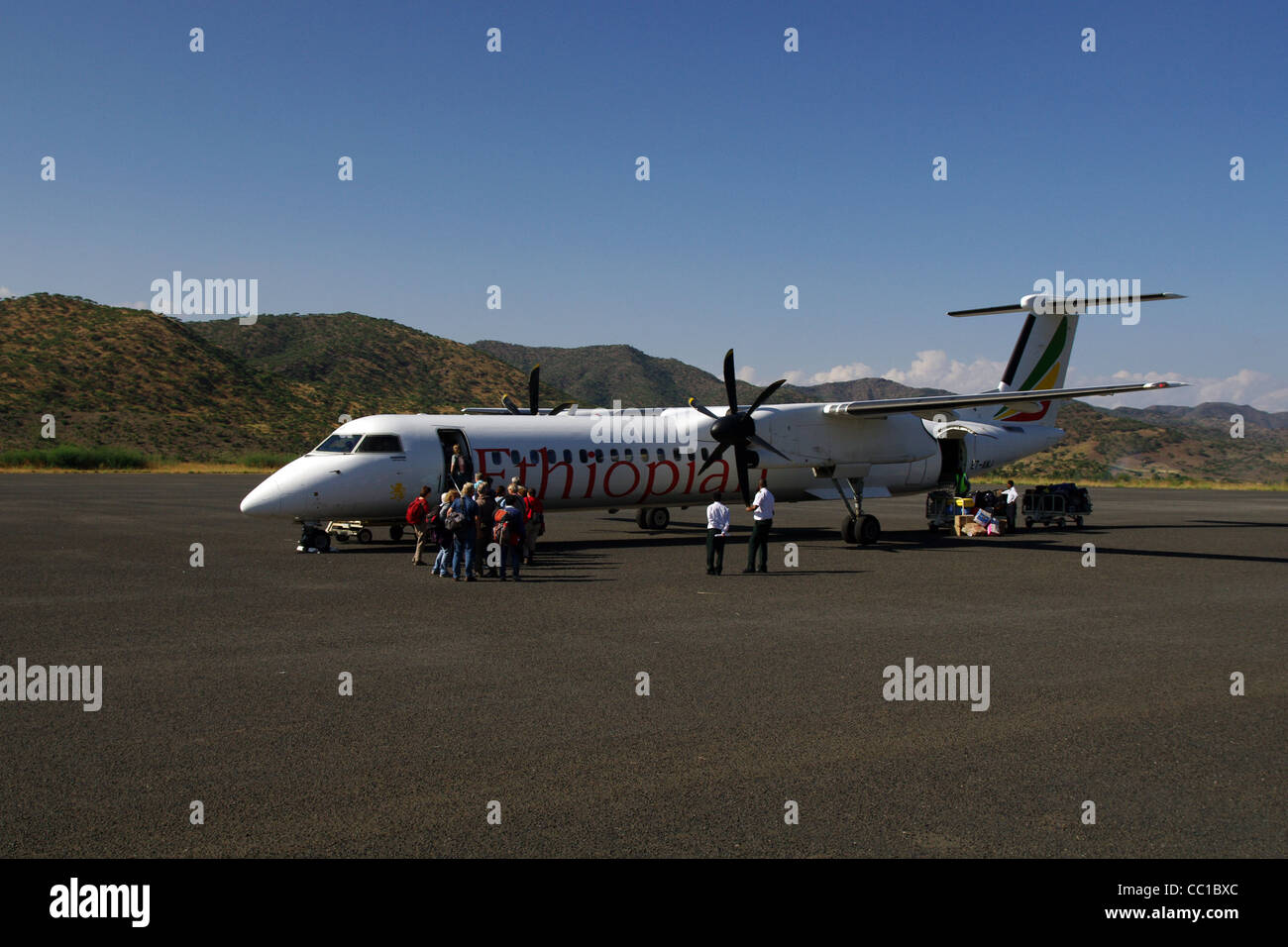 Boarding an Ethiopian Airlines flight in Lalibela, Ethiopia Stock Photo
