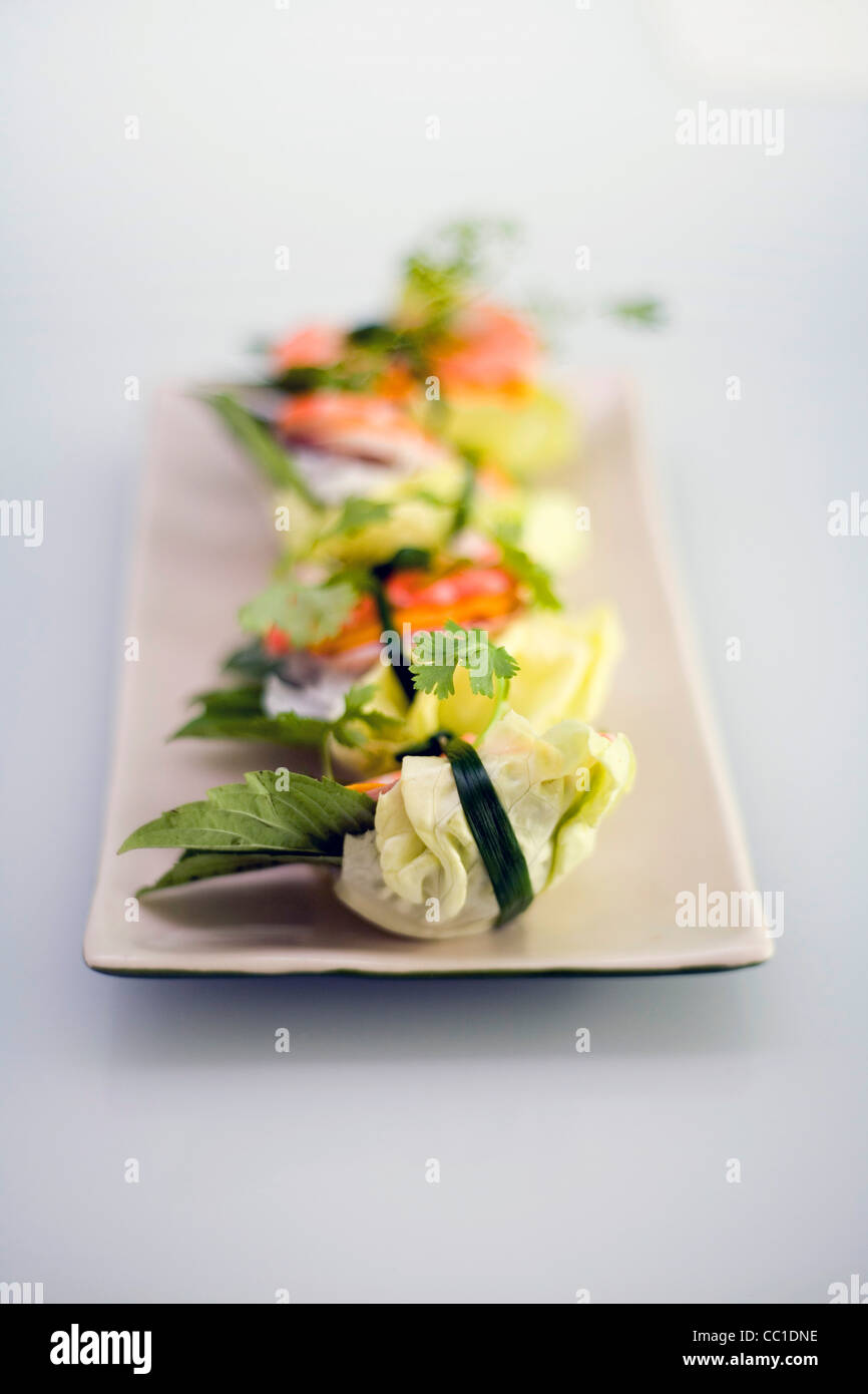 A dish of beautifully presented prawns at the Wrap and Roll restaurant