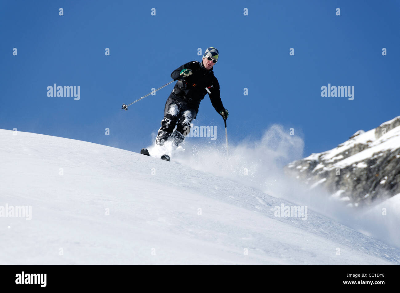 Off piste skiing in Arolla Switzerland Stock Photo