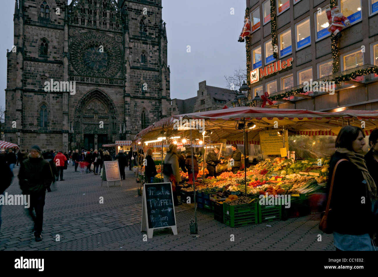 The shopping precinct in the old town of Nuremberg, with the impressive