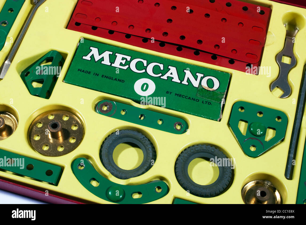 Meccano construction parts used to build working models and mechanical devices invented by Frank Hornby in 1901 Stock Photo