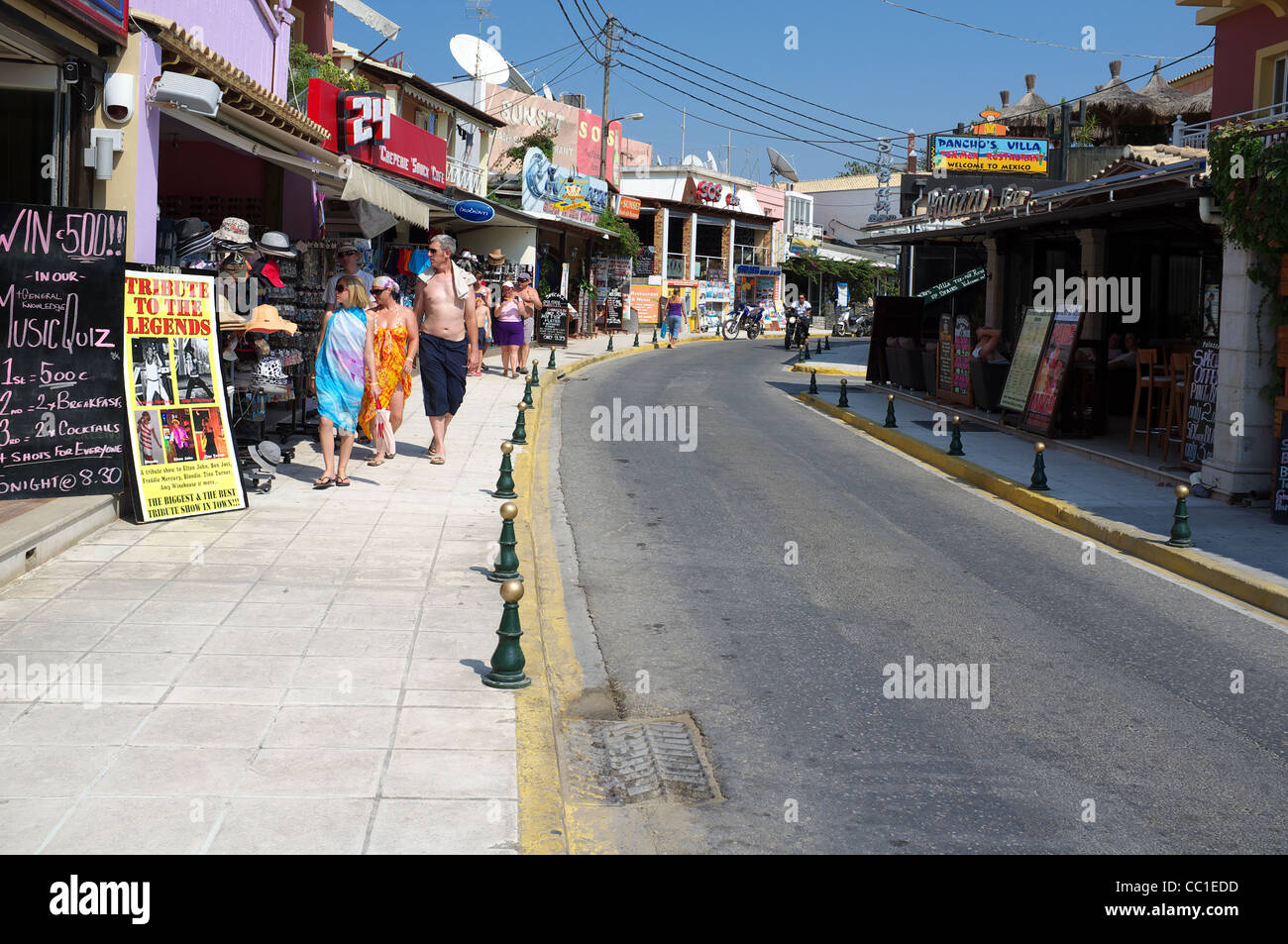 Tourist centre of Sidari, with cafes, bars and shops. Corfu, Greece Stock Photo