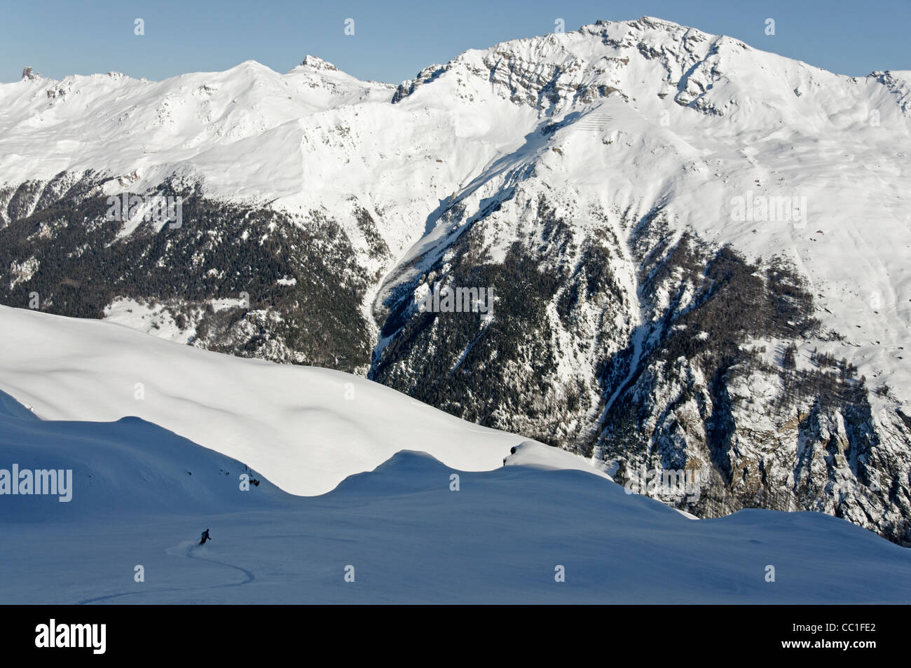 Ski descent from the Palanche de la Creta Valais Switzerland Stock Photo