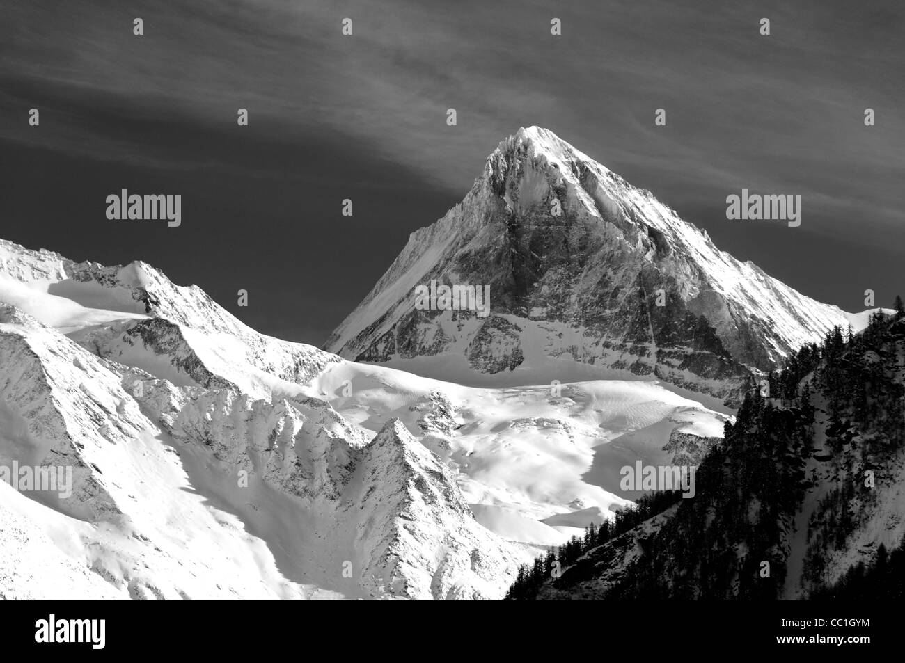 The Dent Blanche in winter in the Val d' Herens Switzerland Black and White Stock Photo