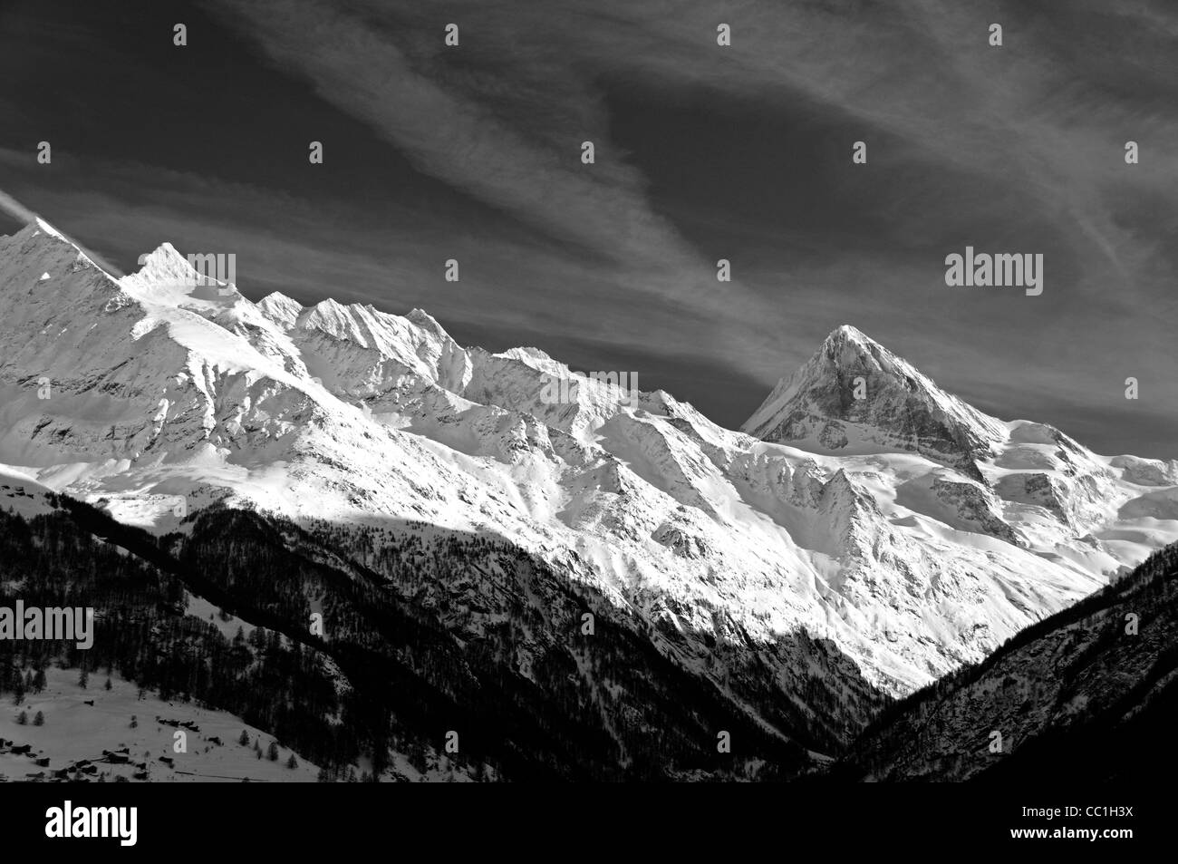 The Dent Blanche in winter in the Val d' Herens Switzerland Black and White Stock Photo