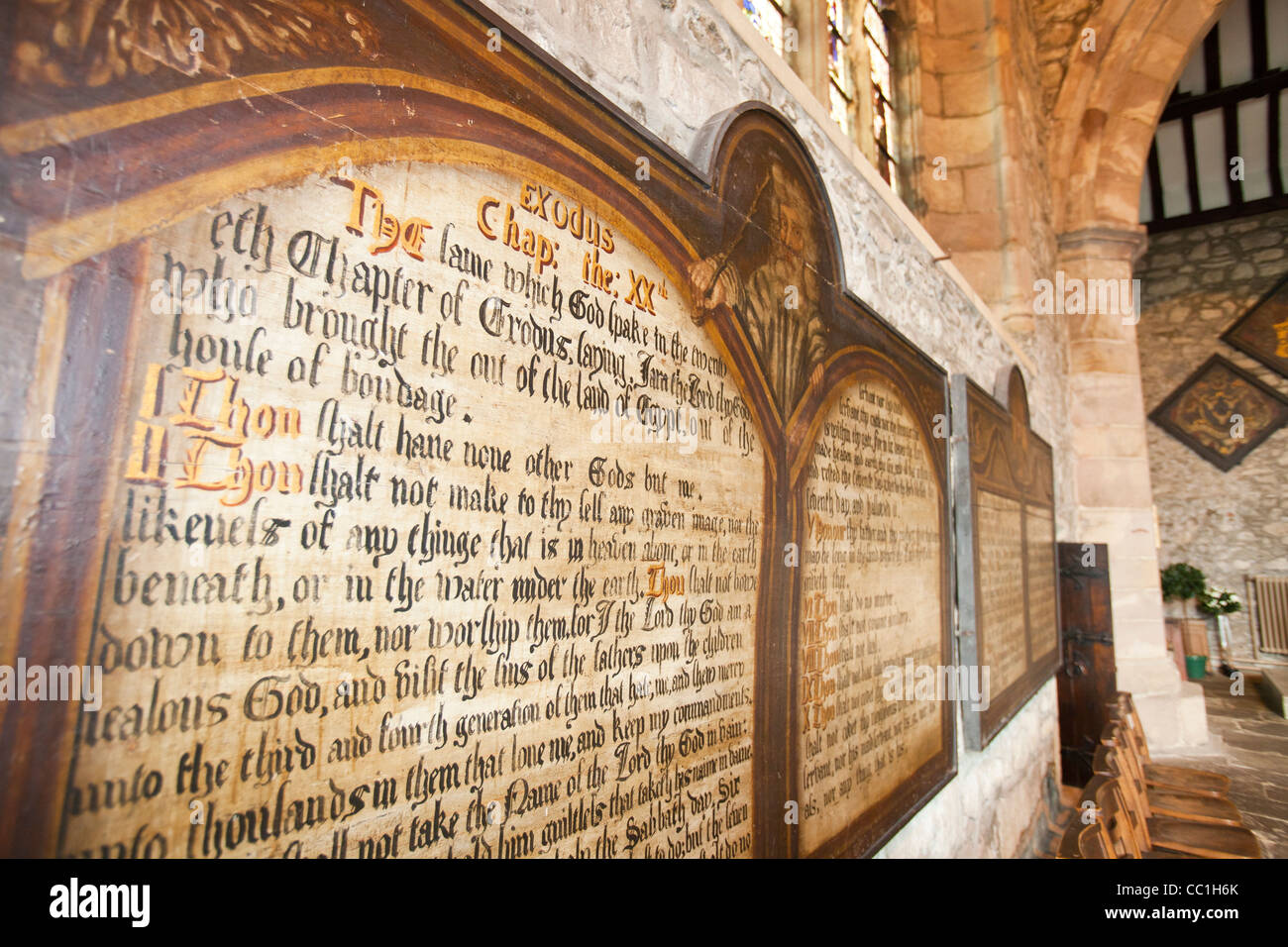 Ancient Exodus text in at Cartmell Priory, Cark in Cartmell, Cumbria, UK. Stock Photo