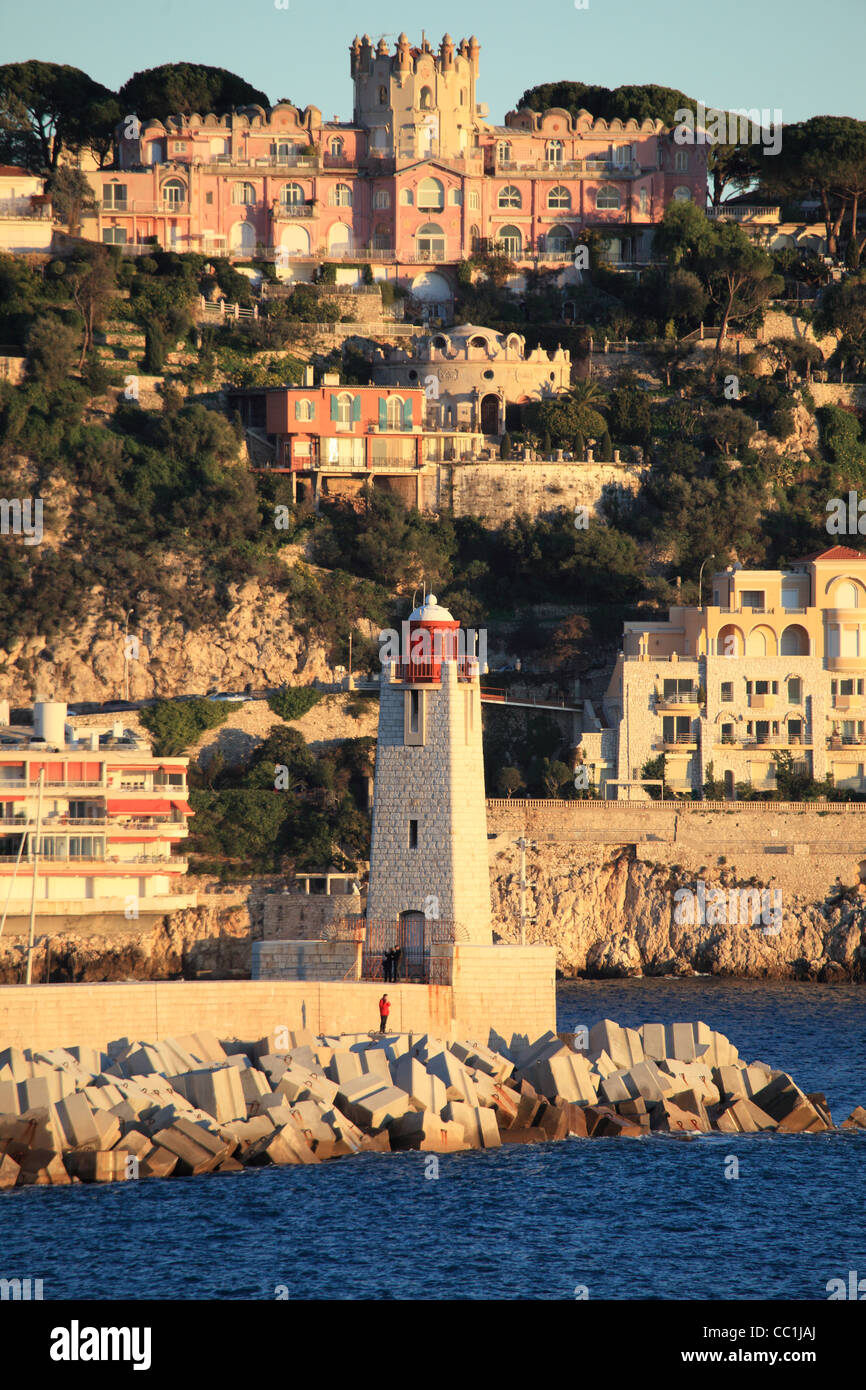 The lighthouse and the chateau Smith or chateau de l'Anglais in Nice city, France Stock Photo