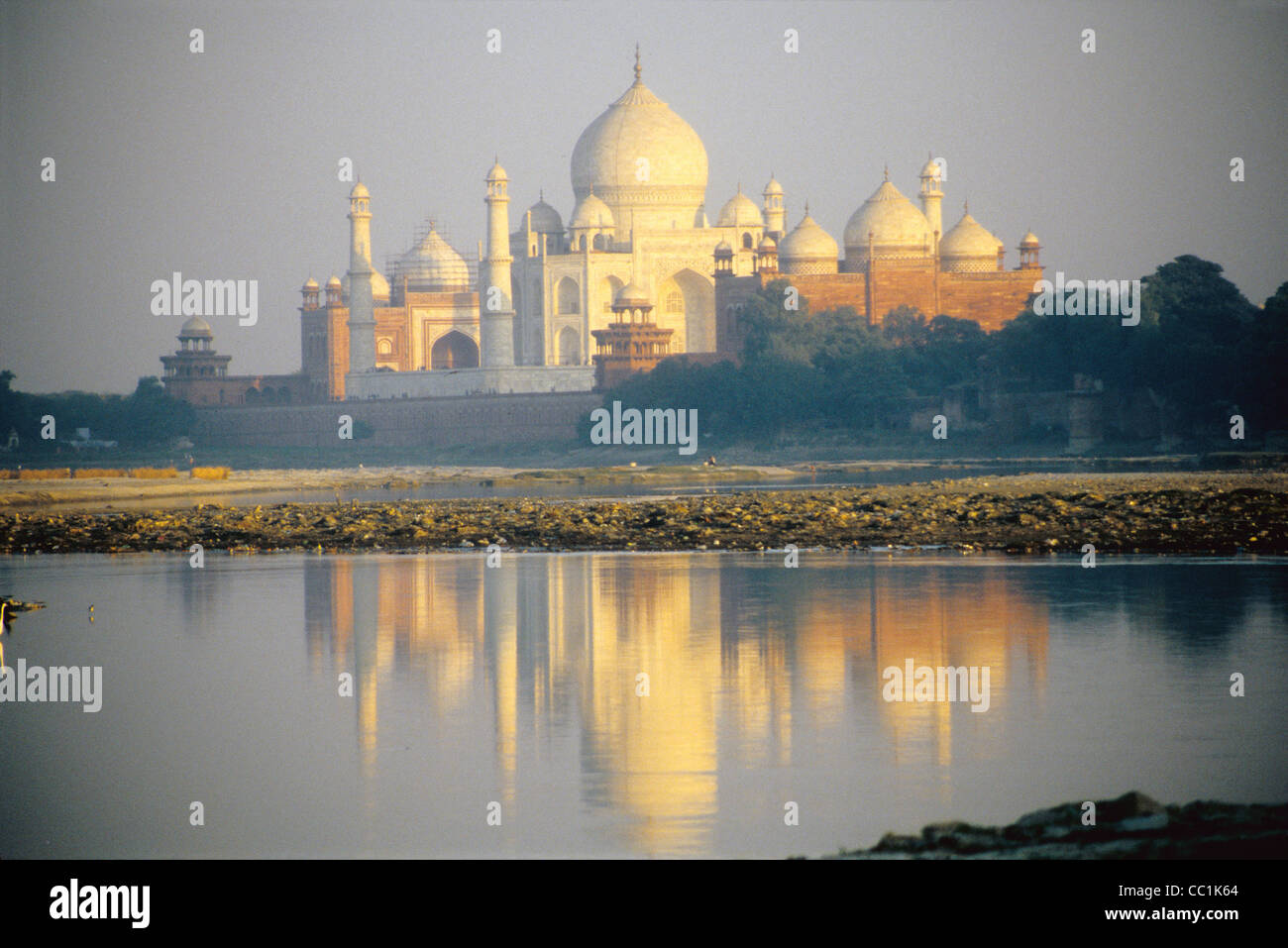 The Taj Mahal reflecting into the Yamuna river, Agra, India Stock Photo
