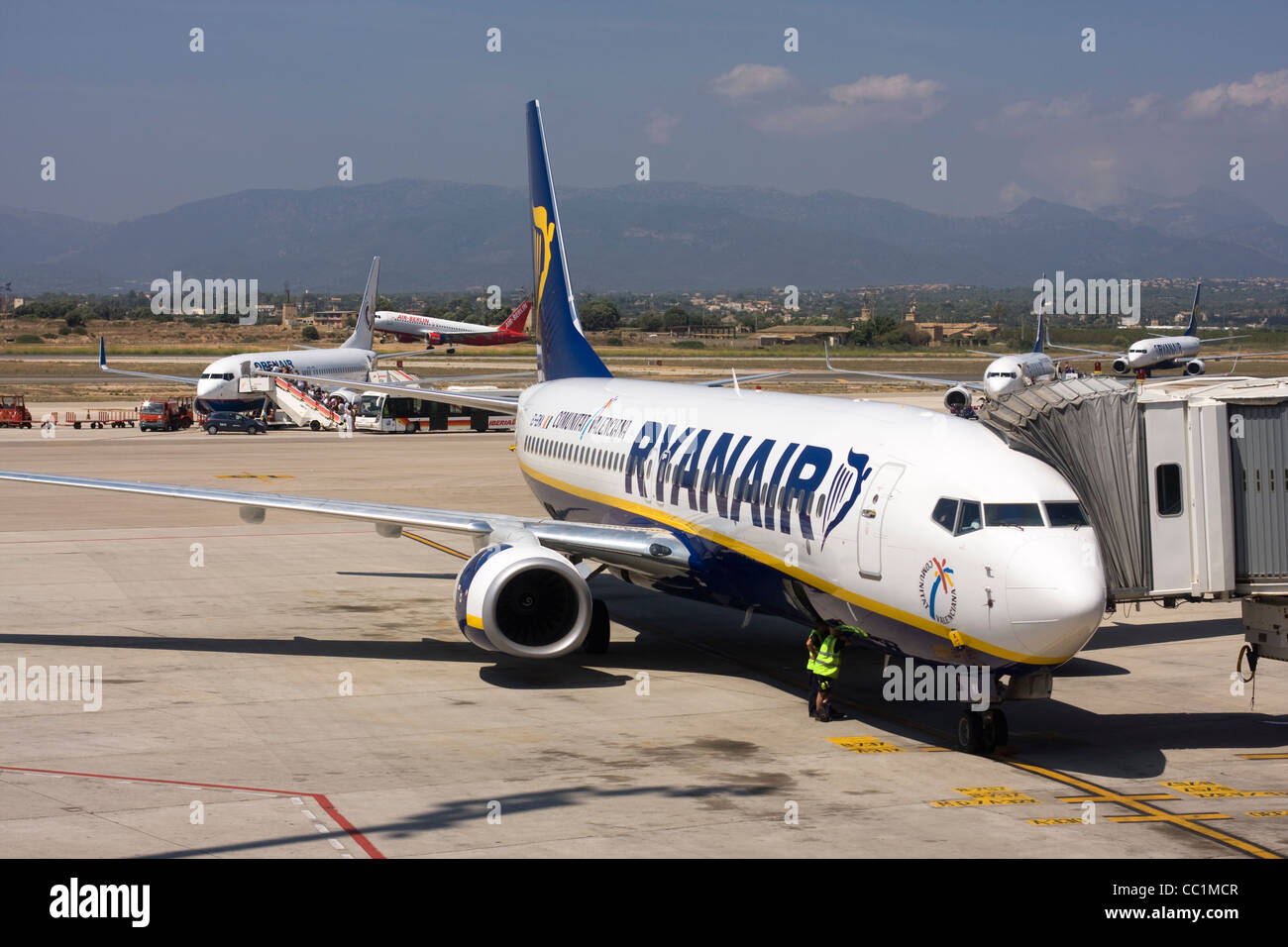 Ryanair Boeing 737-8AS at the airport gate. Palma de Mallorca, Son Sant Joan Airport, Spain. Stock Photo