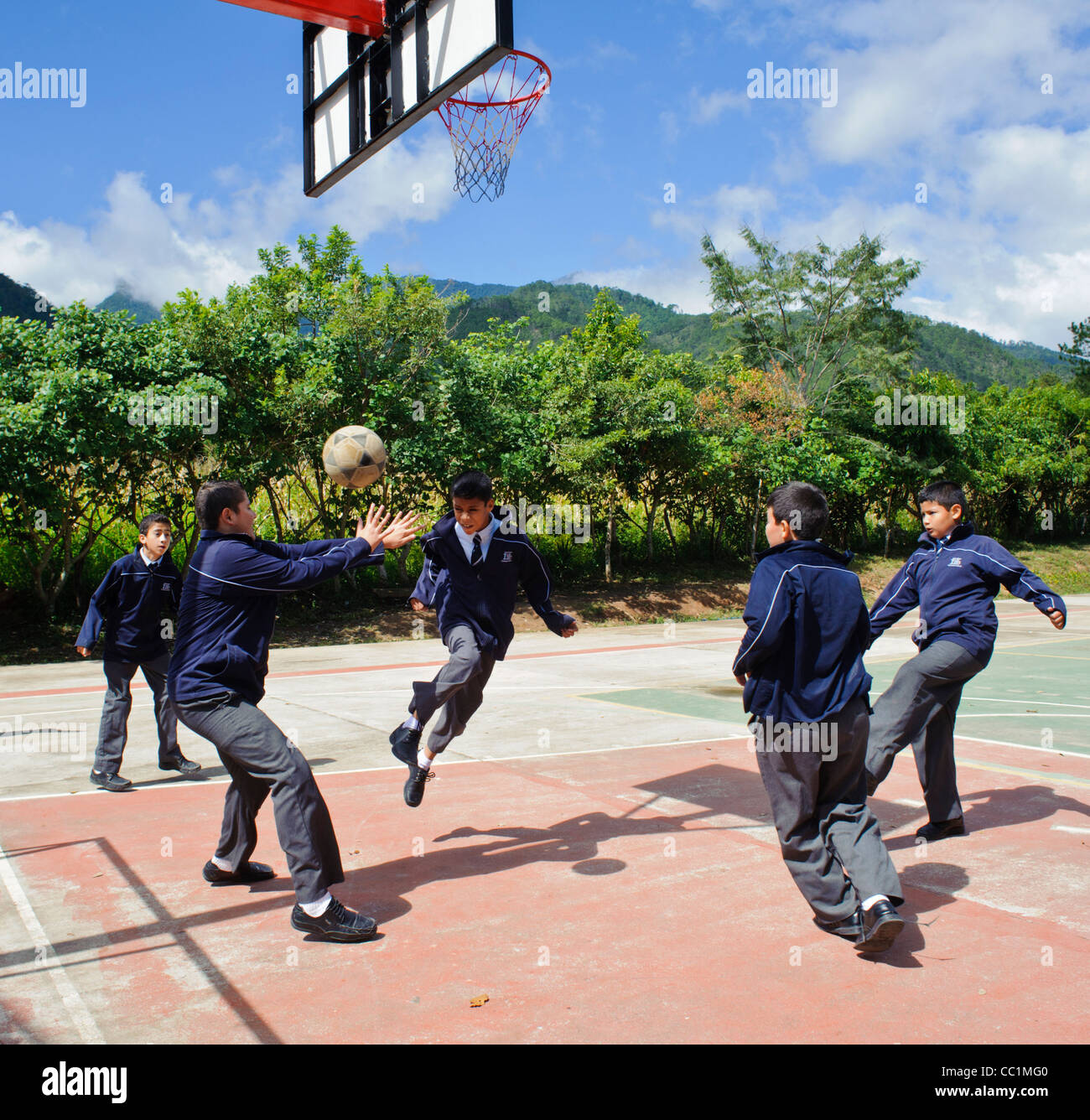 Young students from Honduras playing soccer at the break in a private school in Gracias Lempira. Stock Photo