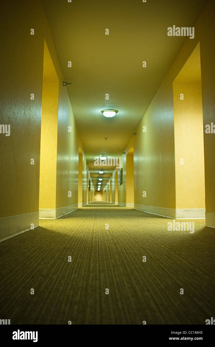 Long and empty hotel corridor at Monte Carlo Hotel Las Vegas Stock Photo