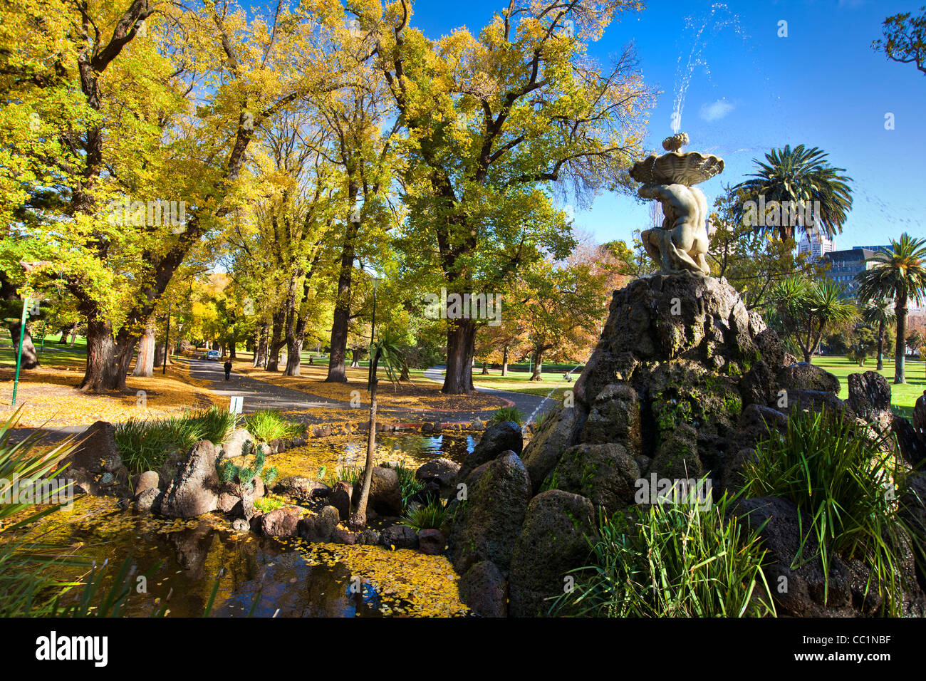 Autumn leaves and fountain in Fitzroy Gardens Melbourne Australia CBD
