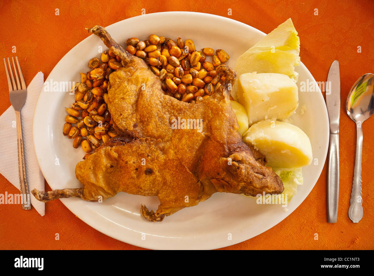 A plate of cuy served roasted corn and boiled potatoes,  the traditional dish of the Ecuadorian Andean people. Stock Photo
