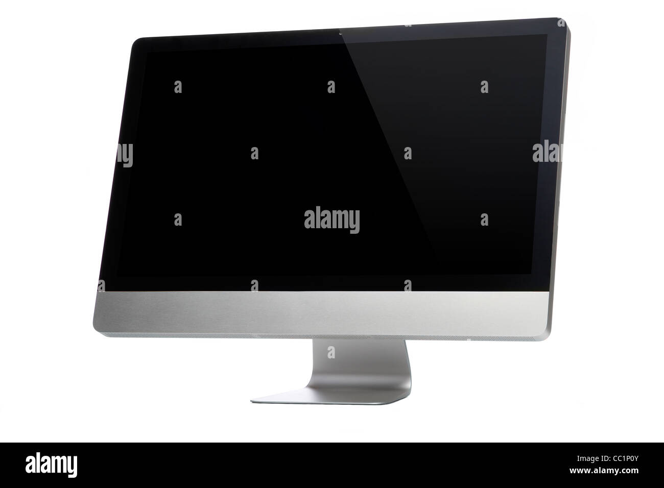 Desktop computer on a white background with black display Stock Photo