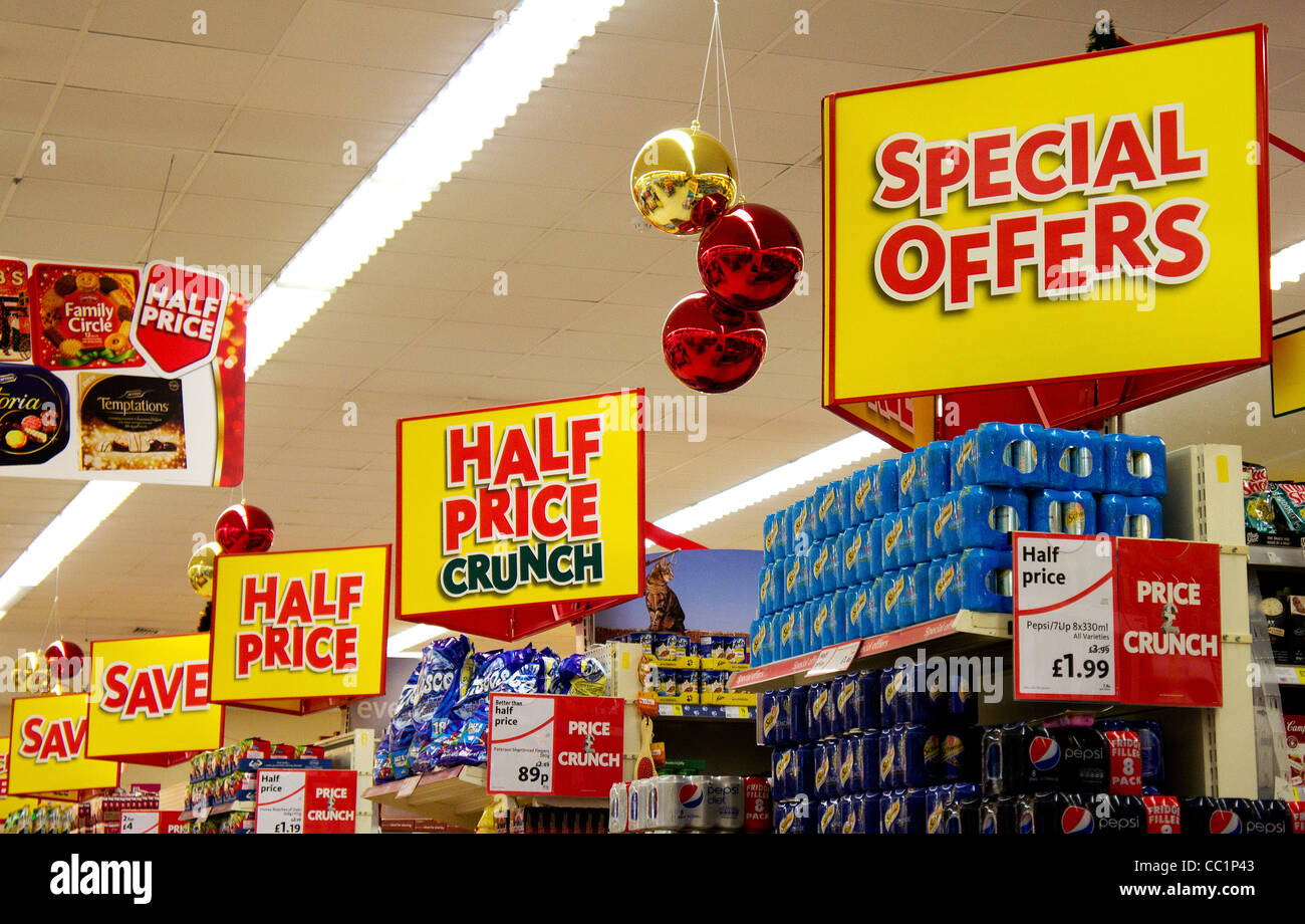 special offers signs in a Morrisons store, uk Stock Photo