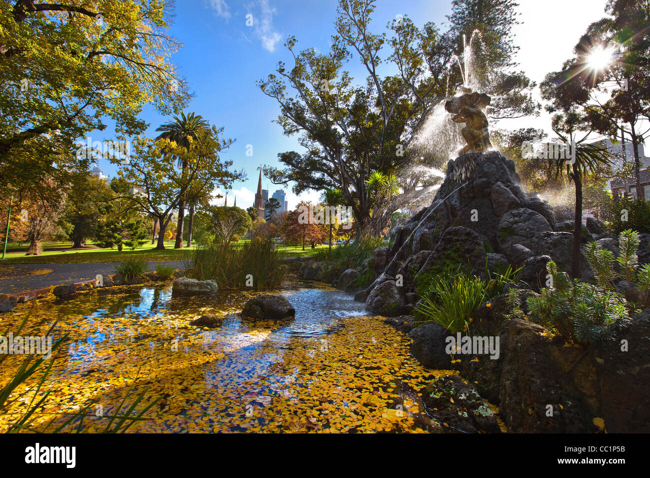 Autumn leaves and fountain in Fitzroy Gardens Melbourne Australia CBD