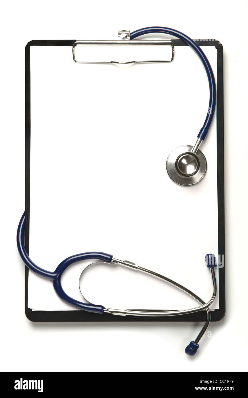 blank clipboard with modern stethoscope, space for messages Stock Photo