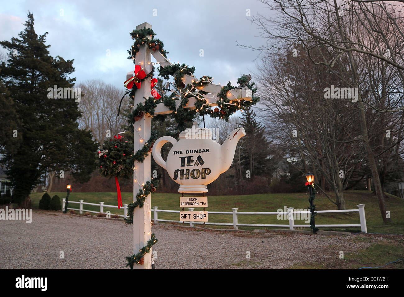 Sign For The Dunbar Tea Shop Decorated For The Holiday