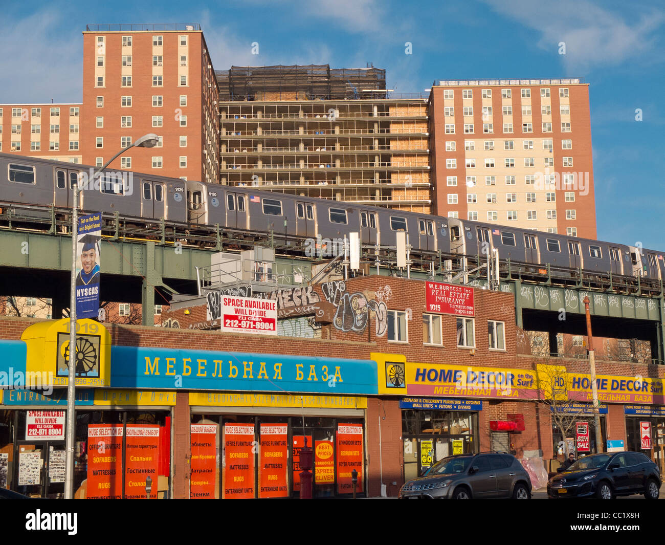 subway train outdoors in Coney Island Brooklyn New York Stock Photo