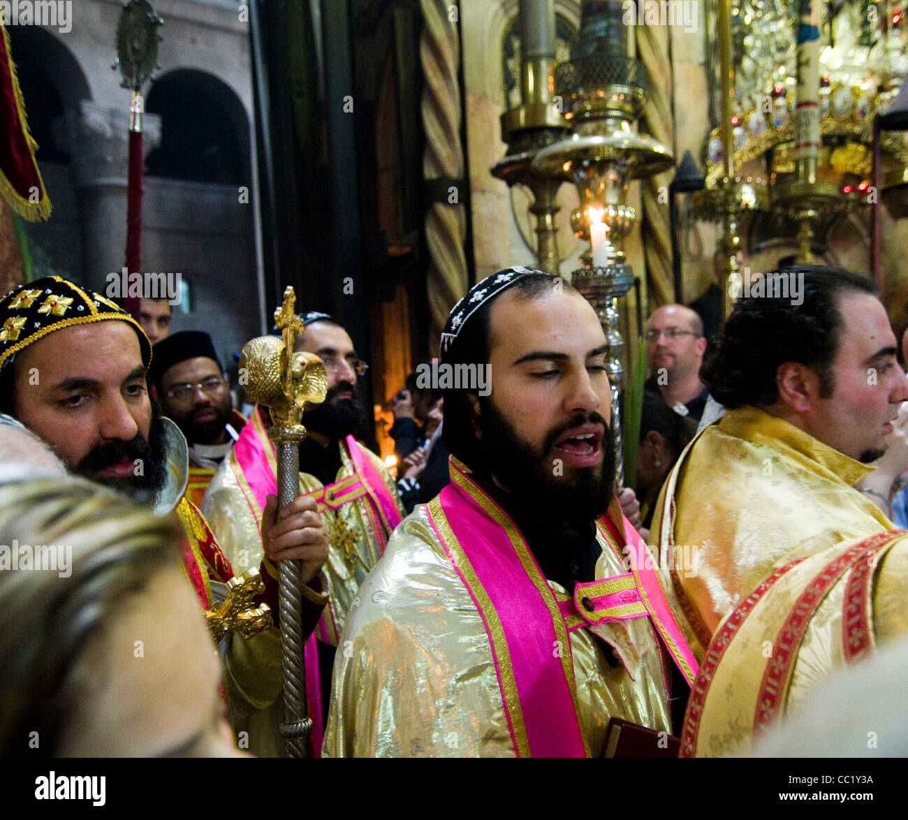 The Syrian Orthodox Archbishop during a  procession inside the church of the holy Sepulchre on Palm Sunday. Stock Photo