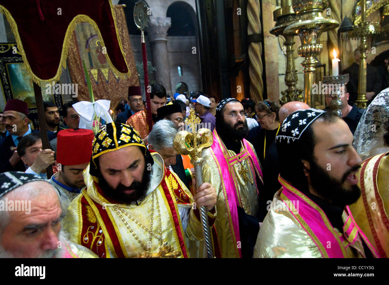 The Syrian Orthodox Archbishop during a  procession inside the church of the holy Sepulchre on Palm Sunday. Stock Photo