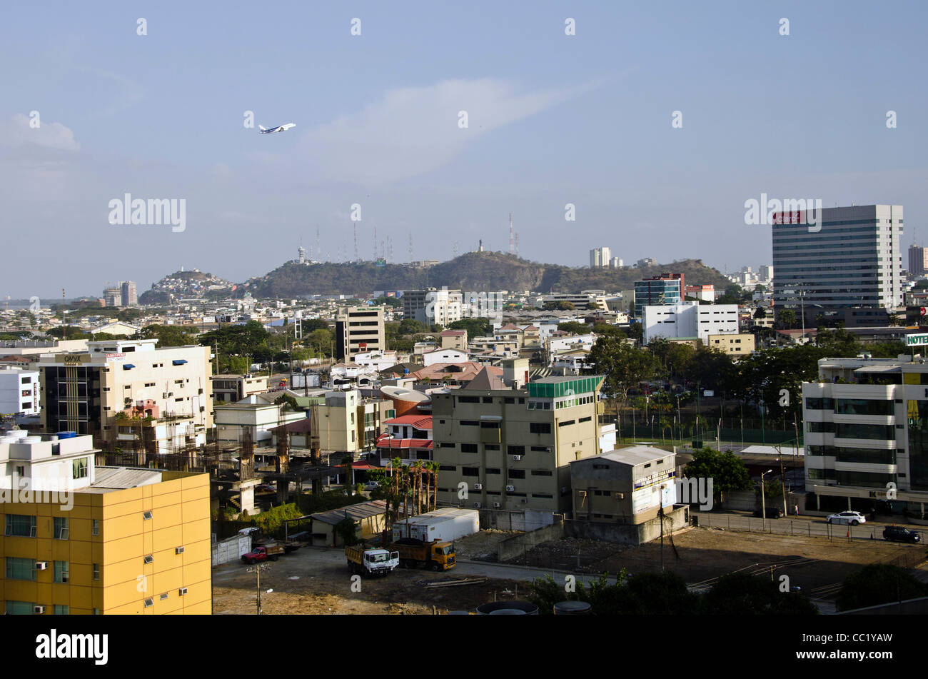 Quayaquil, Ecuador, downtown city scenic airplane above office buildings Stock Photo