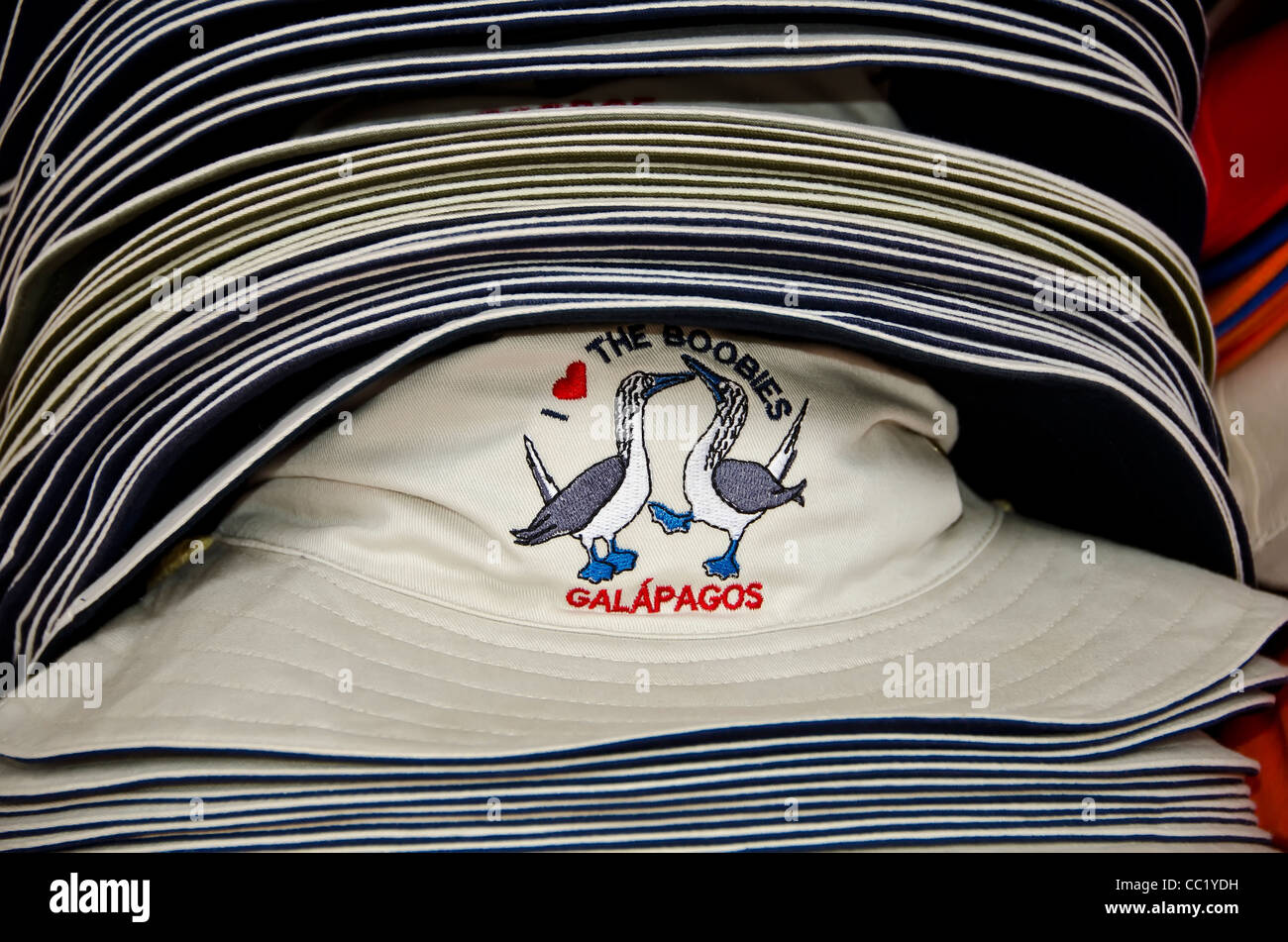 Galapagos Islands booby hats shopping souvenirs at Baltra airport Stock Photo