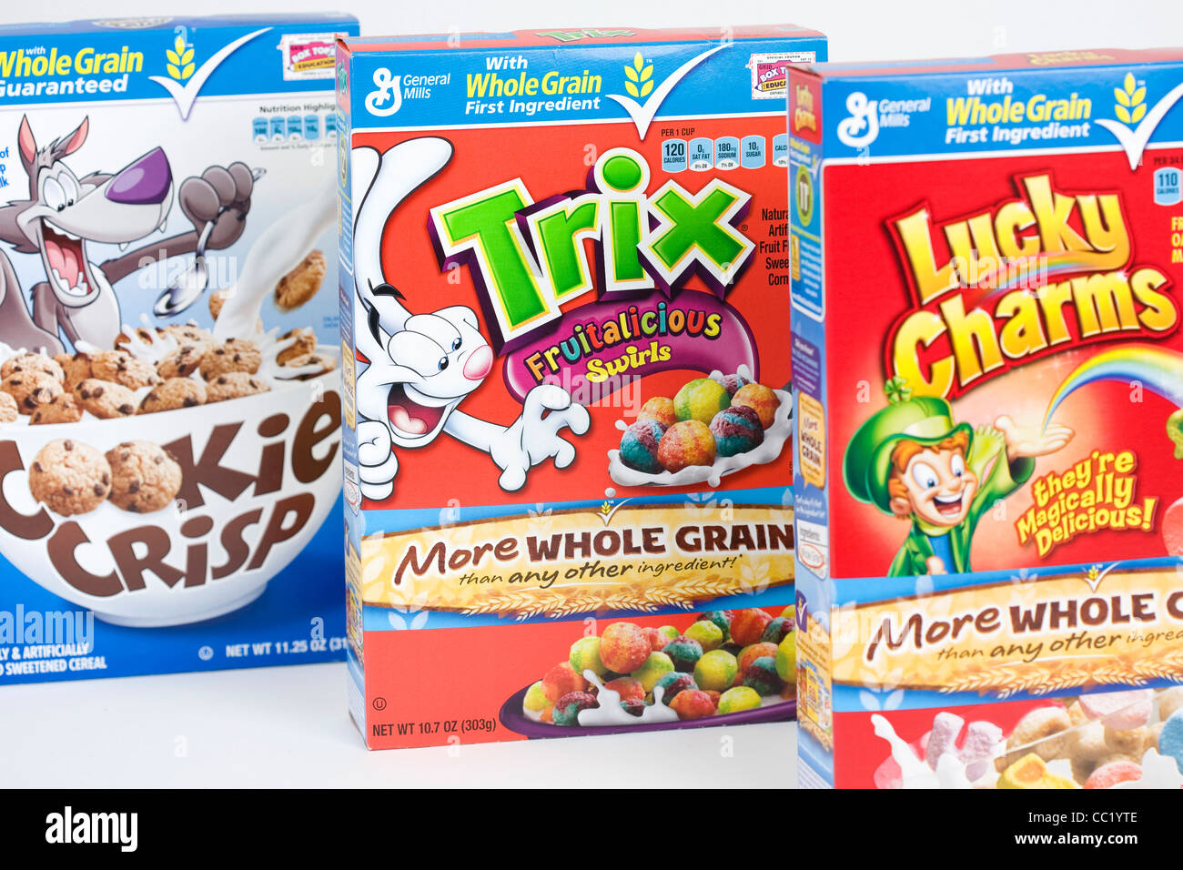 Cookie Crisp, Trix and Lucky Charms breakfast cereal. Stock Photo
