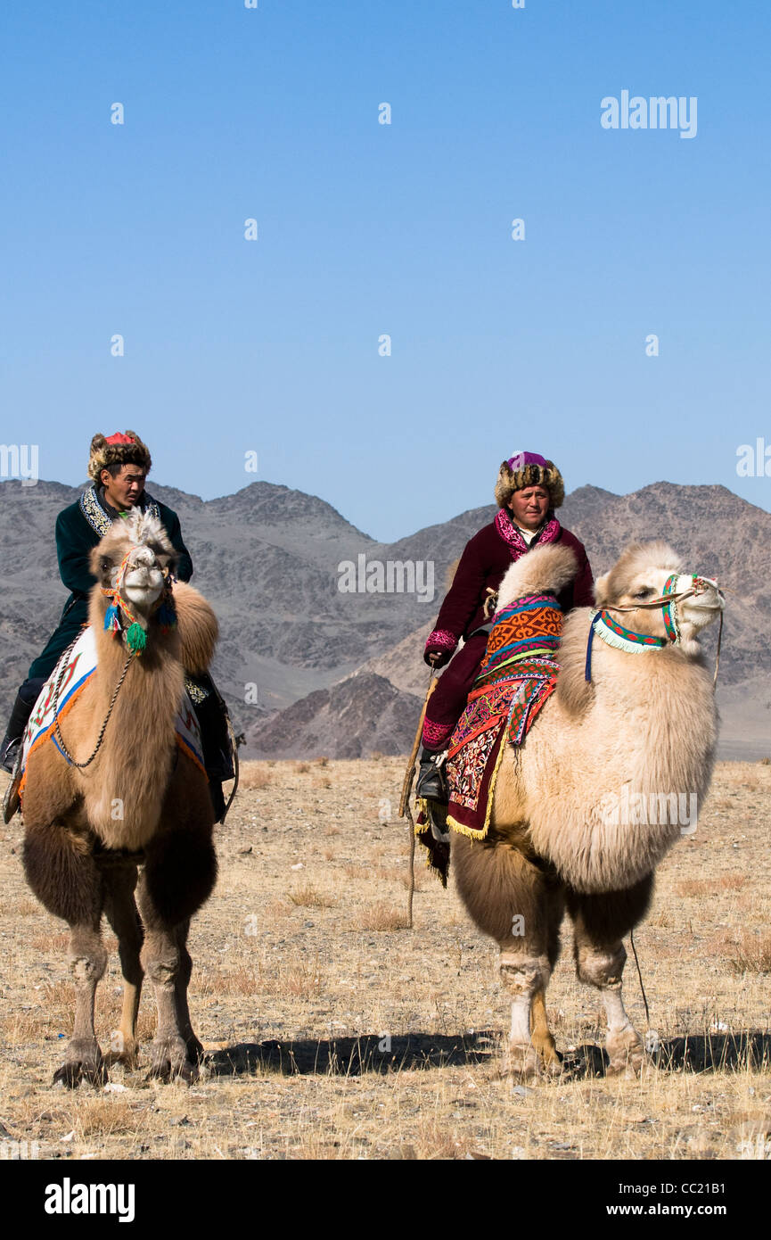 Riding their double hump camels in the vast Mongolian outdoors. Stock Photo
