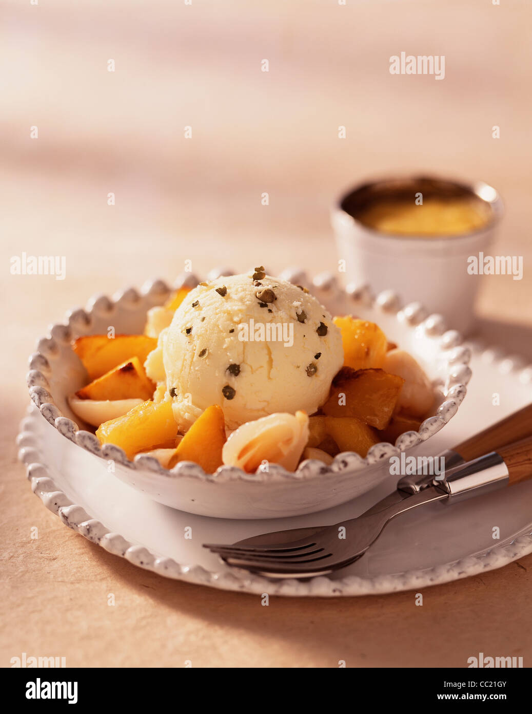 Pan-fried Exotic Fruits and Green Pepper Ice Cream Stock Photo