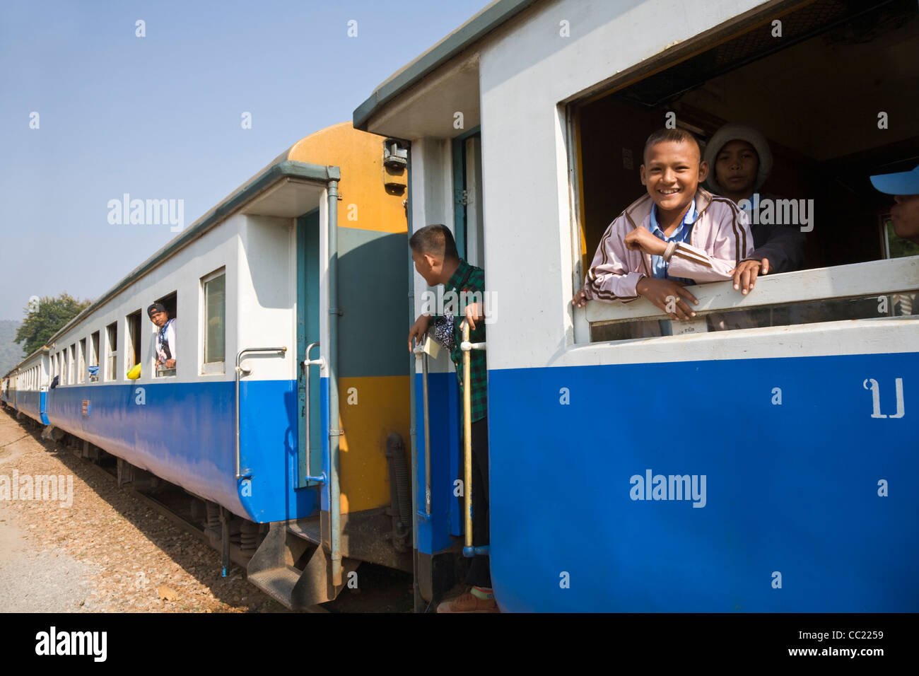 Train ride on the Thailand-Burma railway (also known as Death Railway).  Kanchanaburi, Kanchanaburi, Thailand Stock Photo