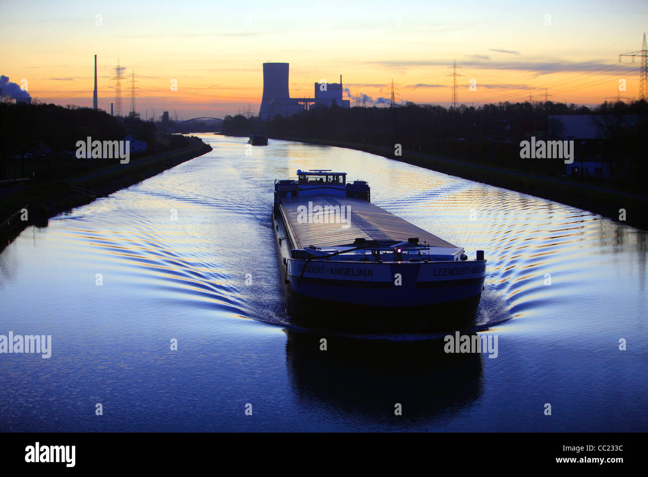 Inland waterway, Datteln-Hamm-Kanal, artificial canal for inland freight ships, at dawn. Waltrop, Germany, Europe. Stock Photo