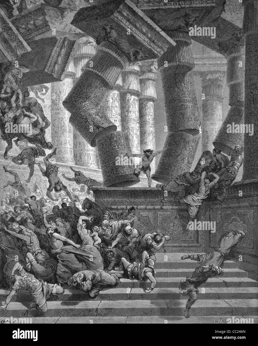Death of Sampson Destroying the Columns of the Temple in Jerusalem, Engraving by Gustave Doré, 1866 Stock Photo
