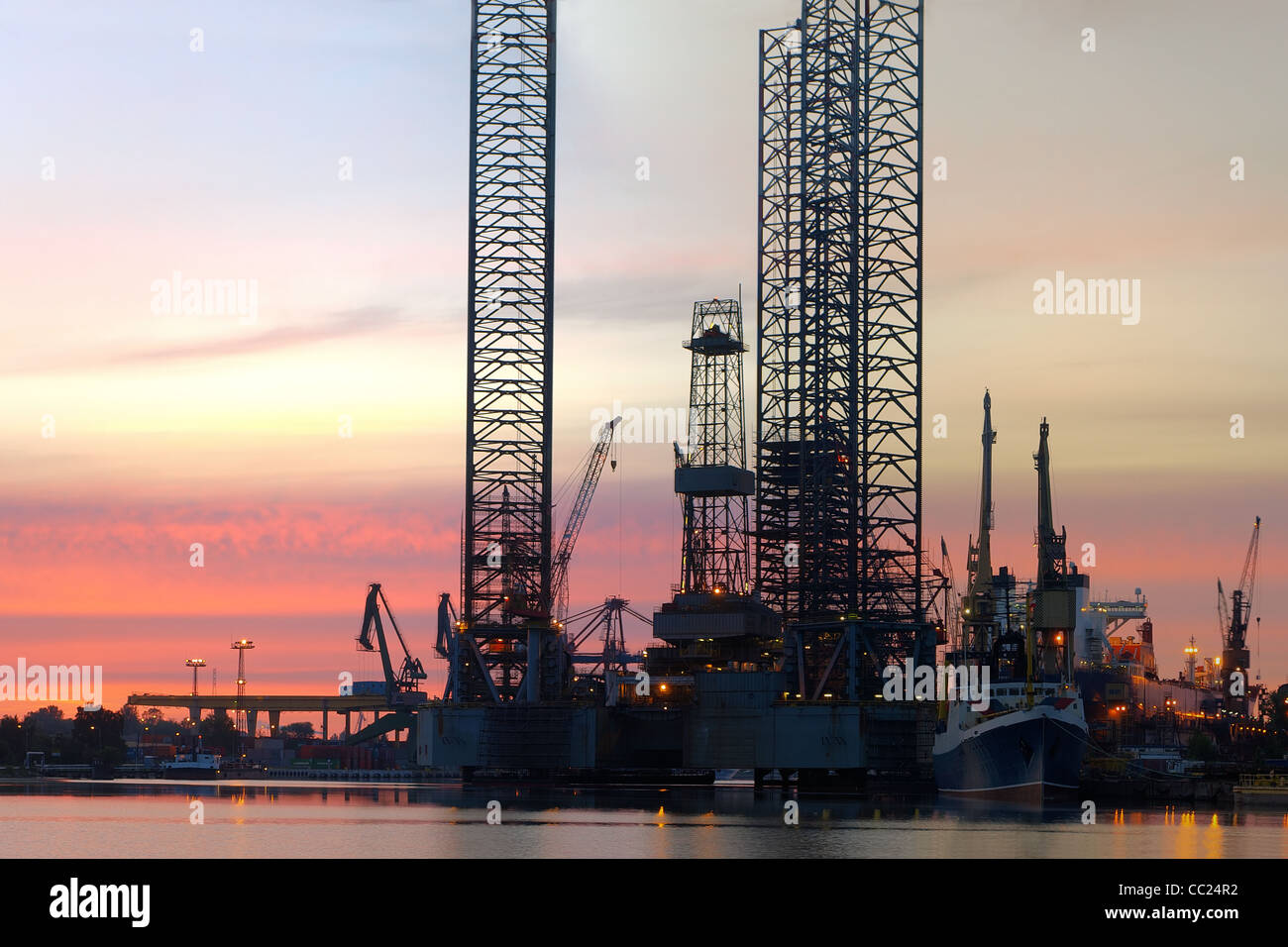 Oil Rig in the morning at the shipyard. Stock Photo