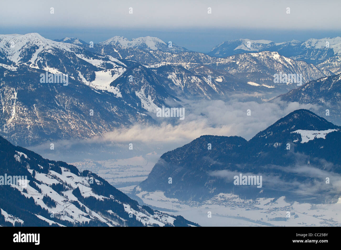 View over Zillertal valley from Kaltenbach Hochzillertal ski region, Tyrol, Austria Stock Photo