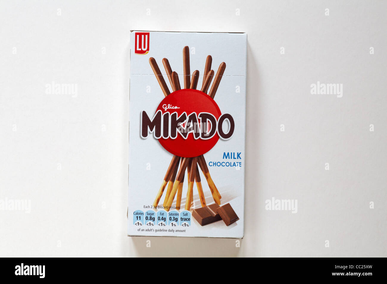 Box of unopened Lu Glico Mikado milk chocolate biscuits isolated on white background - Mikado sticks Stock Photo