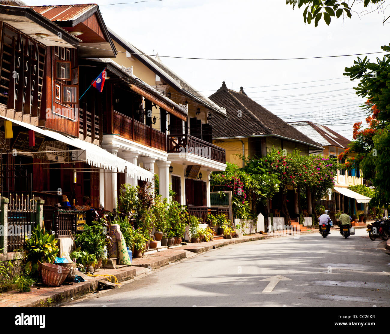 A street in Luang Prabang, Laos with French colonial architecture Stock Photo